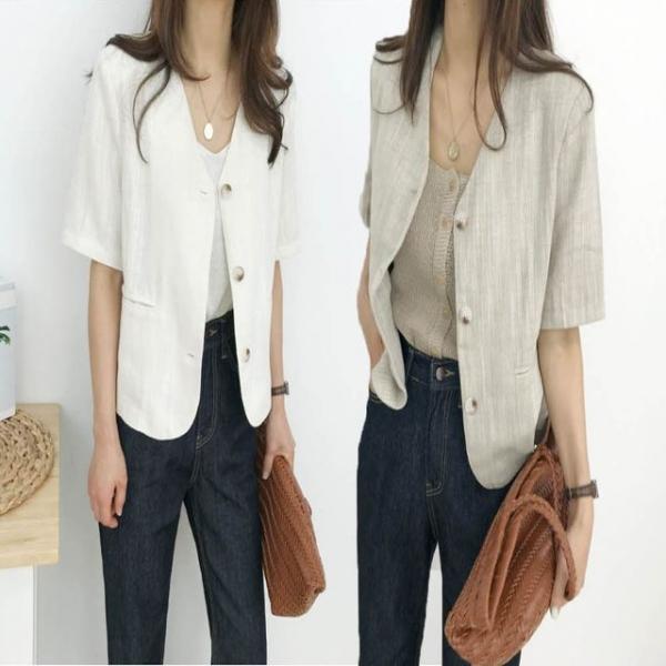 노카라 여름 시원한 반팔 자켓 마이 크롭 재킷 브이넥