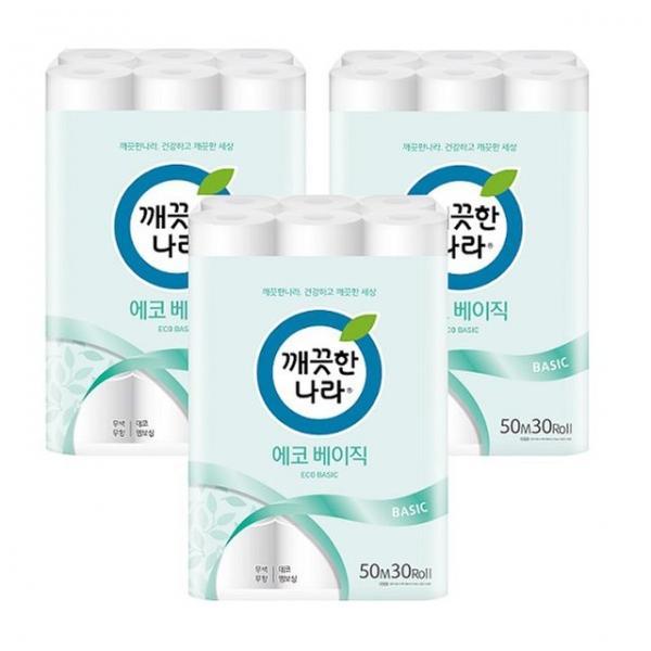 깨끗한나라 2겹 화장지 에코베이직 50m 30롤 3P 휴지
