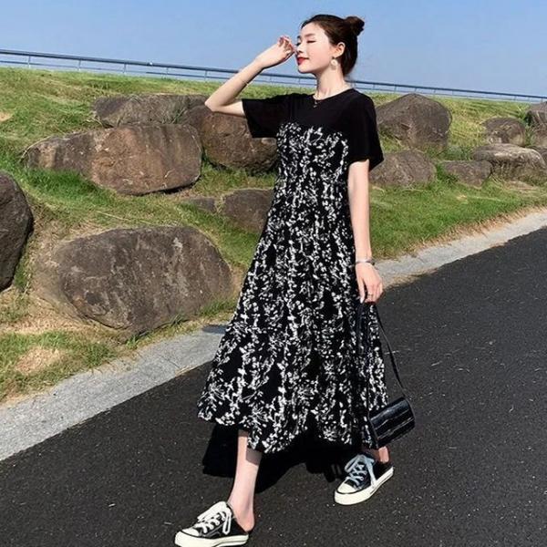 여름 플라워 패턴 레이어드 반팔 롱 꽃무늬 원피스