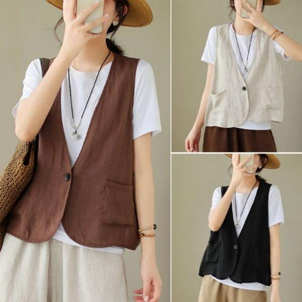 은창)린넨 혼방 원버튼 루즈핏 썸머 조끼 베스트 여름