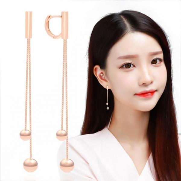 정품 14K GOLD 로즈골드 볼 원터치 드롭 롱 귀걸이