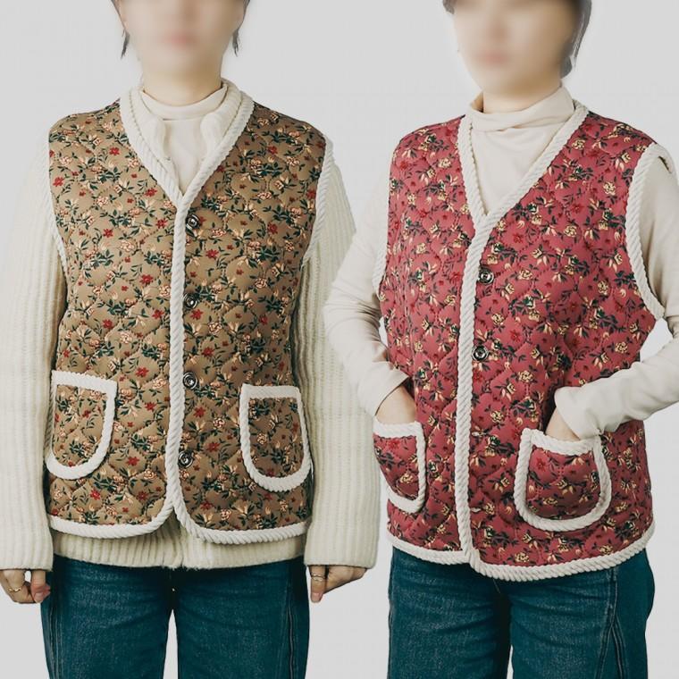 할머니 융털 융기모 방한 조끼 꽃무늬 김장조끼