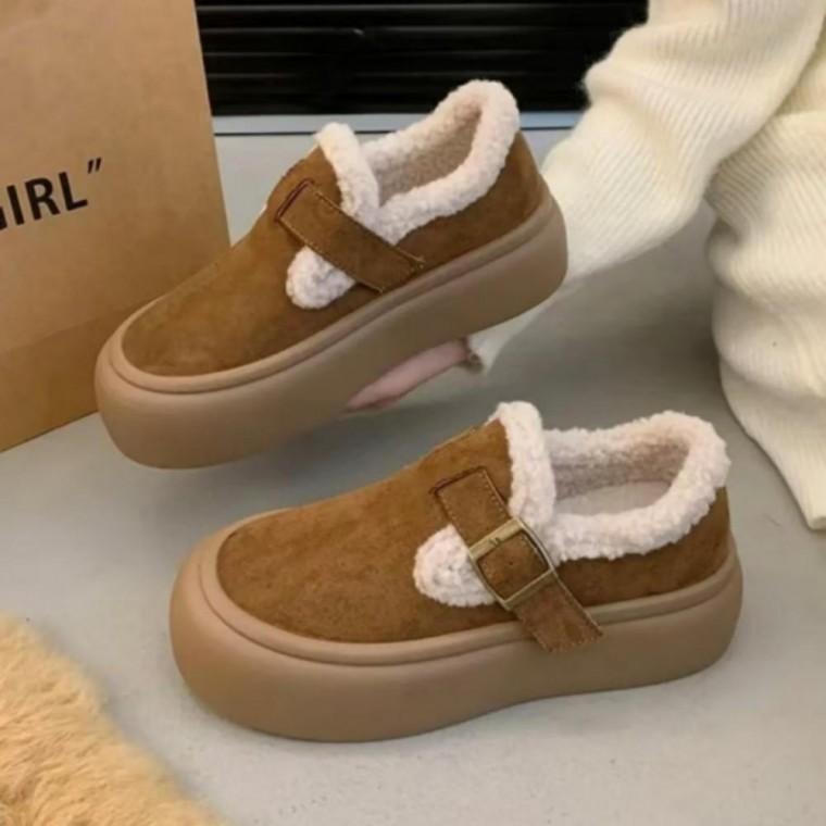 여성 겨울 방한화 퍼안감 벨트 포인트 퍼 슈즈 부츠