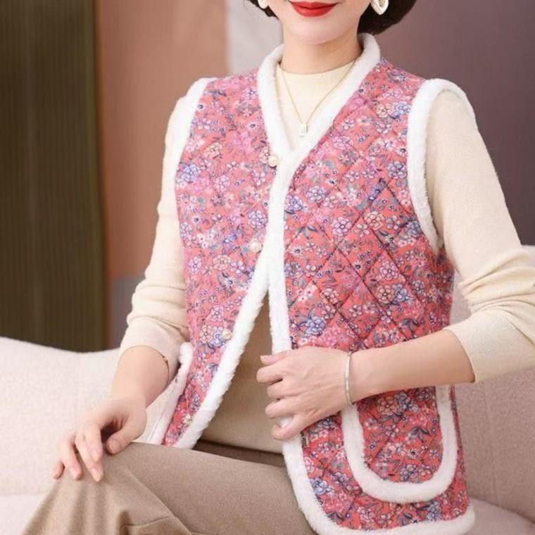 프리미엄 꽃무늬 조끼 안감 할머니 레트로 누빔 중년