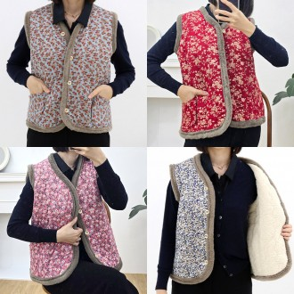 고급엣지퍼융털조끼 꽃무늬 고급 할머니조끼 김장조끼 겨울조끼 중년 촌캉스 융털안감 보온 베스트