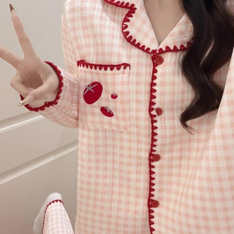 납작이 토마토 누빔 잠옷 겨울 체크 스티치 겨울 윈터 파자마 세트