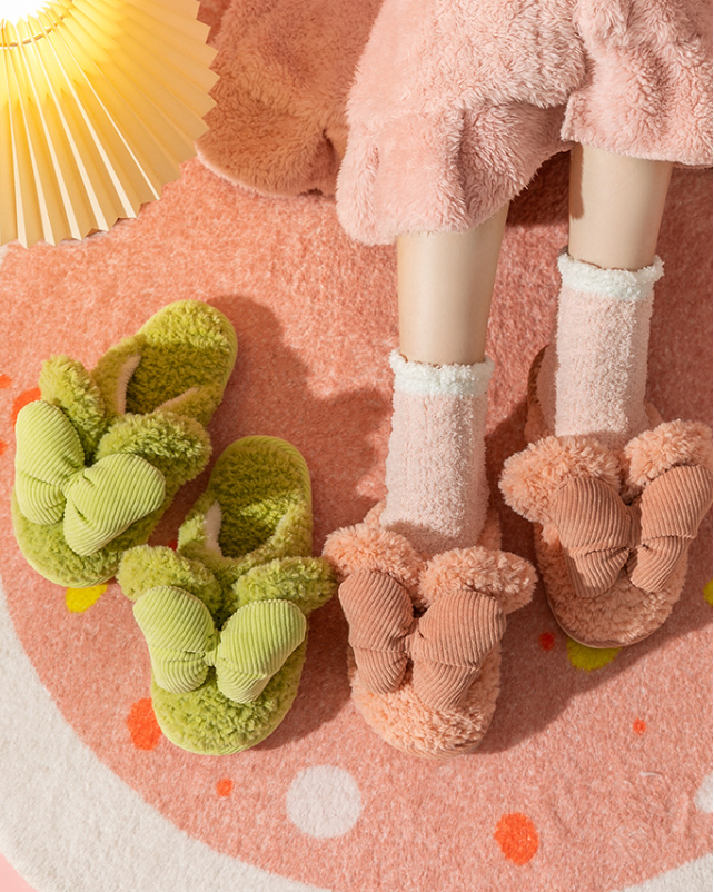 [당일배송] 골덴 왕리본 뽀글 슬리퍼 겨울 털 실내화