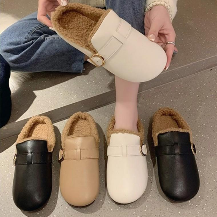여성 2cm 둥근코 후리스 겨울 털블로퍼 겨울 털슬리퍼