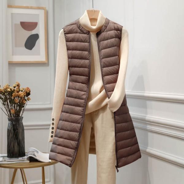 가벼운 롱 조끼 허벅지까지 내려와 체온을 유지해주는 세련된 차이나 라운드넥 경량 베스트