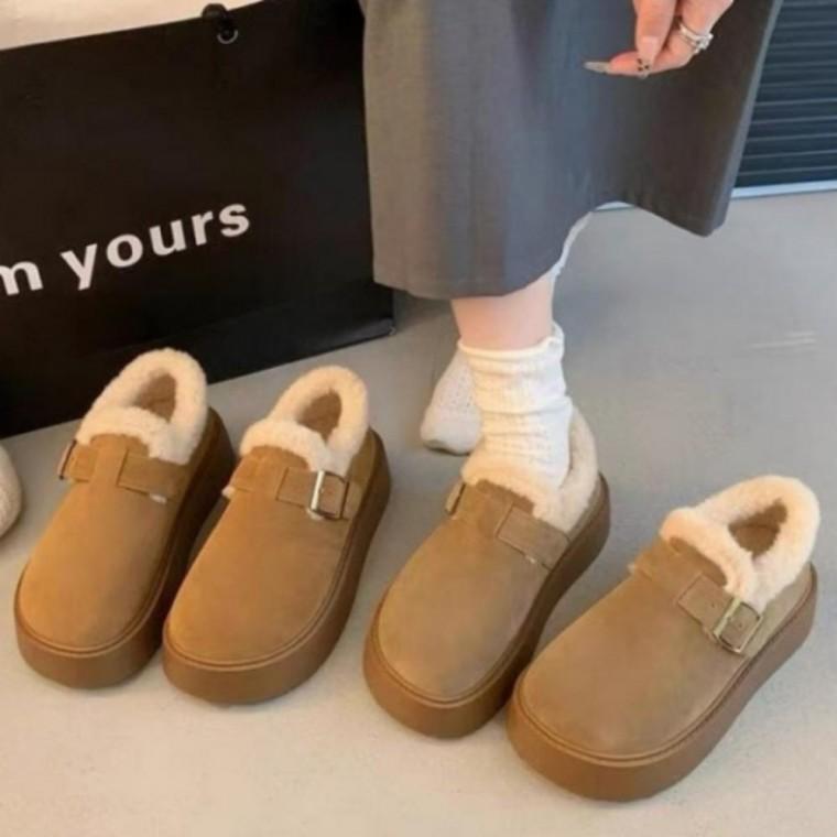 여성 겨울 키높이 포근한 퍼 털 단화 스웨이드 로퍼