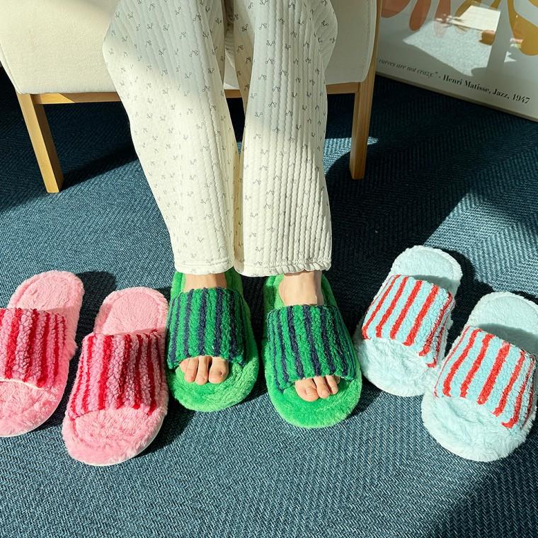 비비드뽀글실내화 스트라이프 털슬리퍼 사무실 소음