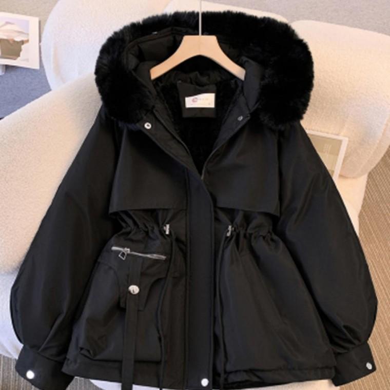 여성 겨울 퍼 카라 허리 스트링 후드 패딩 자켓 점퍼