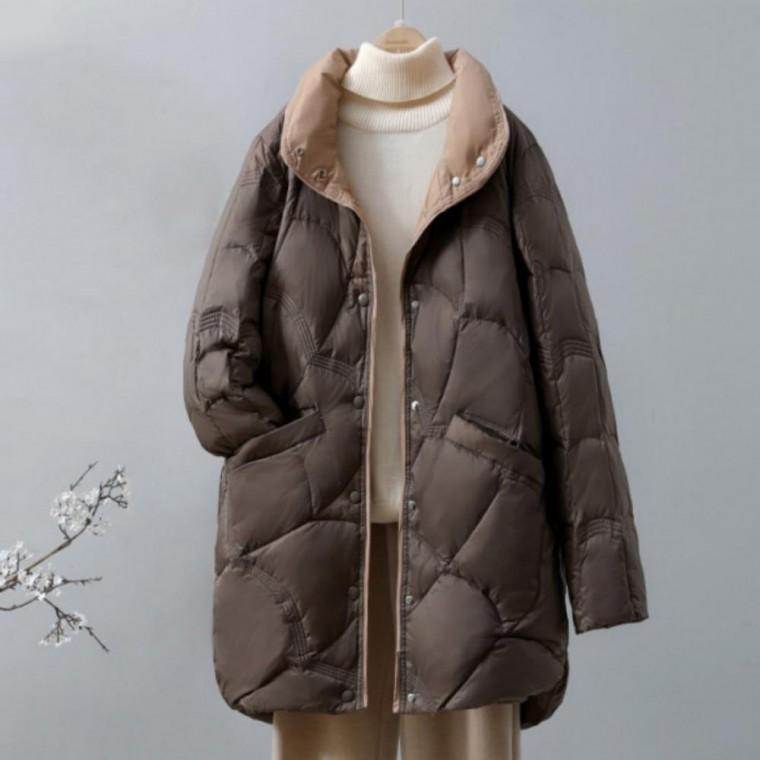 간절기 여성 경량 패딩 보온 배색 카라 오리털 자켓