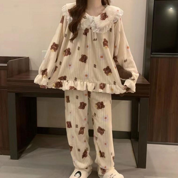 귀여운 홈웨어 극세사 프릴 곰돌이 내복 캐릭터 수면 잠옷