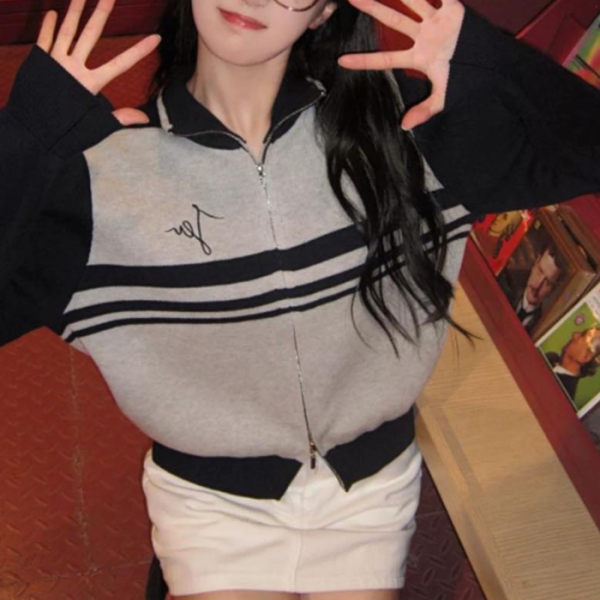 스포티한 패션 점퍼 이중지퍼 디테일 카라 니트자켓