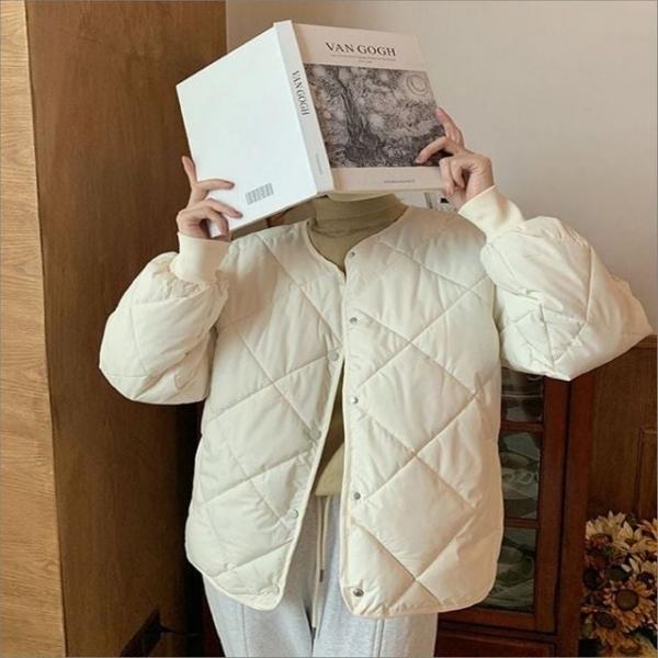 여성 겨울 마름모 퀼팅 경량 얇은 패딩자켓 라운드넥 3색