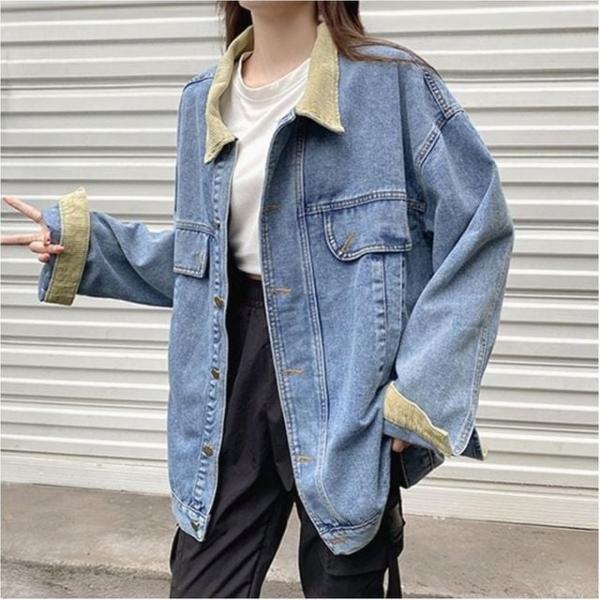 여성 배색 카라 데님자켓 루즈핏 청자켓 캐주얼 아우터 연청