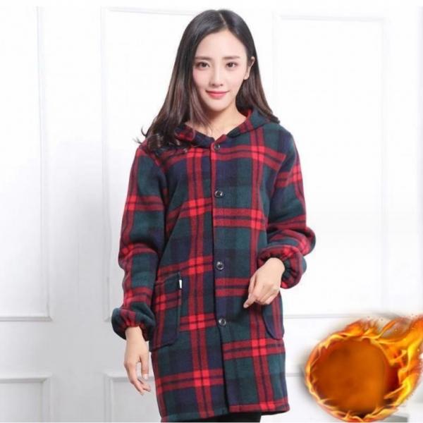 여성 간절기 자켓 캐주얼 체크 후드 플리스 벨벳 코트