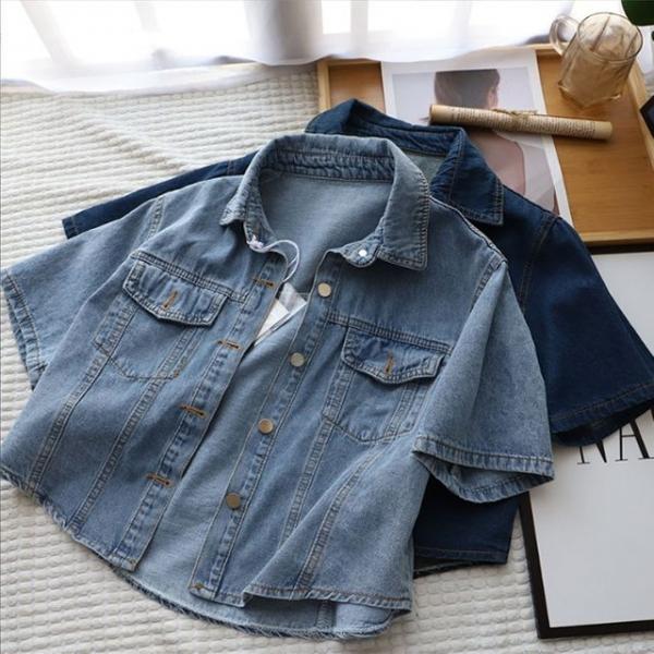 여성 세미 크롭 데님 포켓 반팔 자켓