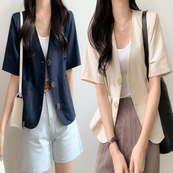 단아한 브이넥 반팔 자켓 마이 노카라 여름 하객룩