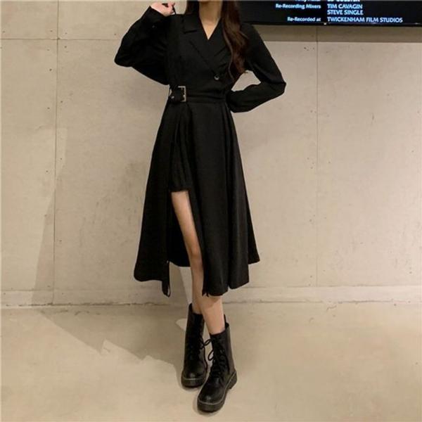 여성 자켓 셔츠형 디자인 벨트 끈 롱 원피스