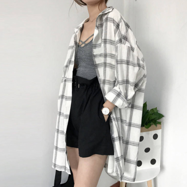 여성 오버핏 롱 셔츠 빅사이즈 루즈핏 여자 박시 남방 체크 롱셔츠 자켓 아우터 화이트 블랙