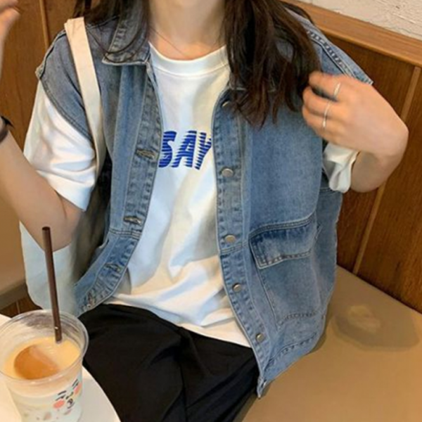 여성 오버핏 반팔 청자켓 여자 청 데님 자켓 캐주얼 블루진 아우터 잠바 조끼 베스트 셔츠