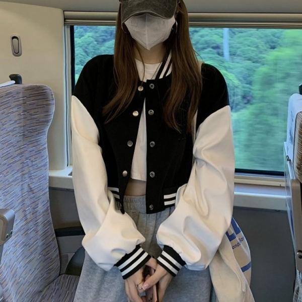 베이직 여성 바시티 자켓 크롭 자켓 오버핏 아우터