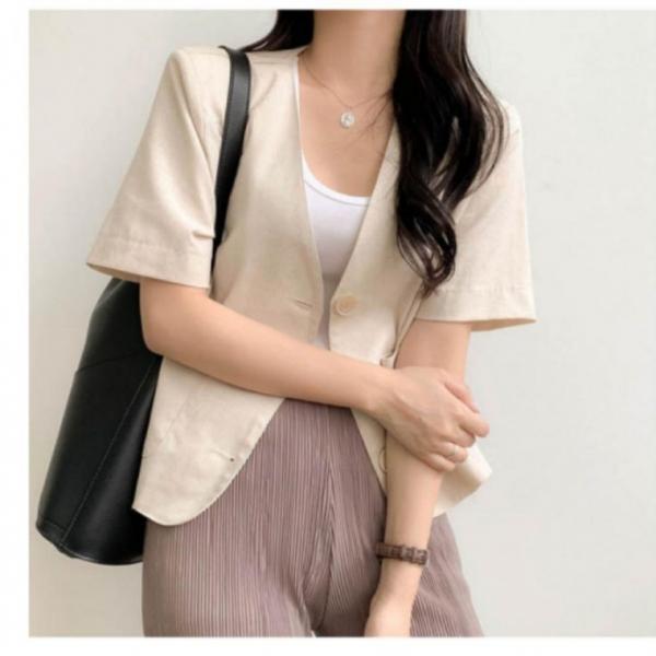 단추 크롭 여성 여름 브이넥 반팔 노카라 자켓 시원한 마이 크롭 재킷