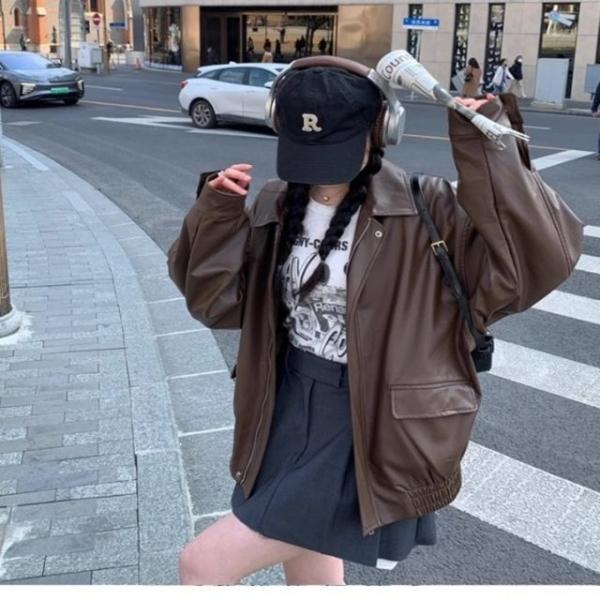 여성 페이크 레더 인조가죽 카라 집업자켓 아우터 2색