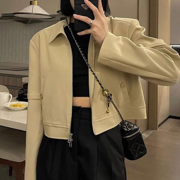 여성 베이지 크롭 카라 블루종 자켓 아우터