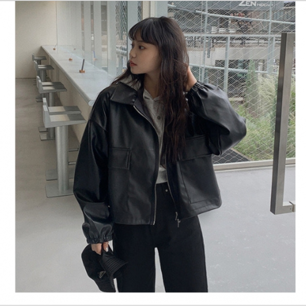 여성가죽자켓 소매시보리 밴딩 간절기 투웨이 집업 블랙 가죽자켓 아웃도어