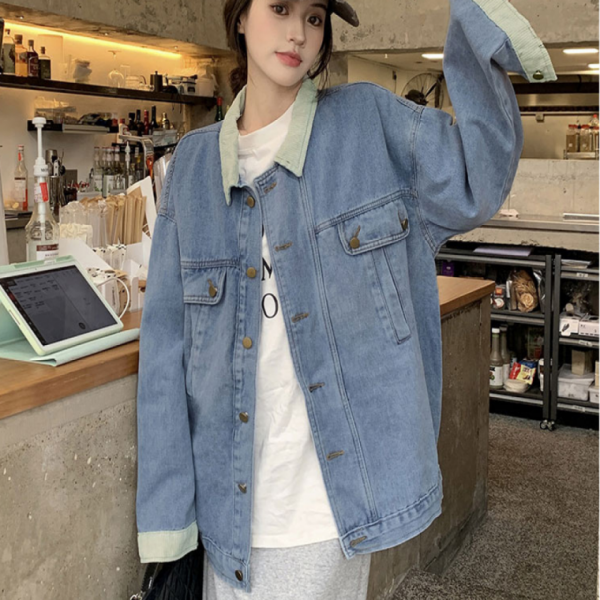 여자 캐주얼 루즈핏 배색 카라 연청 데님 청자켓