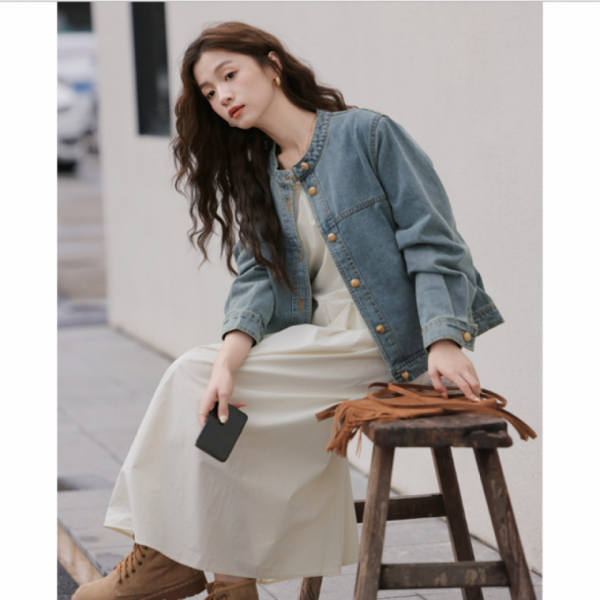 여성데님자켓 라운드넥 노카라 데님 자켓 사무실 아웃도어 청자켓