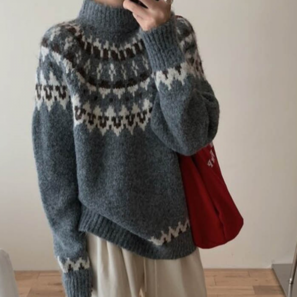 노르딕 패턴 스웨터 포근한 클래식 루즈핏 반목 니트