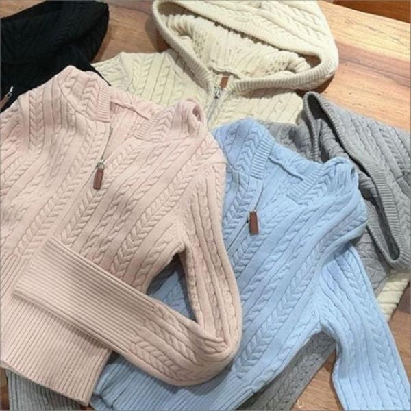 여성 슬림핏 후드니트 꽈배기 케이블 집업 겨울 여리핏 5색