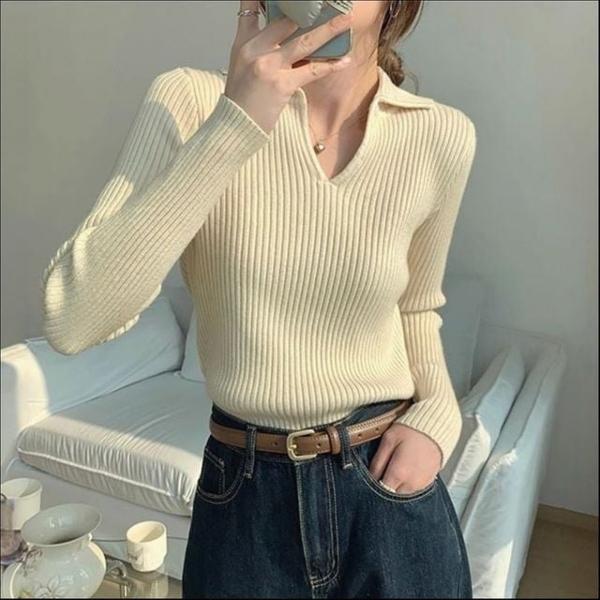 여성 카라 골지니트 v넥 트임 슬림핏 긴팔 상의 4색