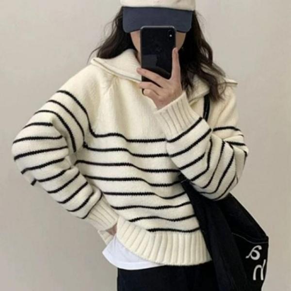 여성 단가라 카라 하프집업 니트티 캐주얼룩 상의 티 스트라이프 여성 데일리 단가라 겨울 하프집업 카라