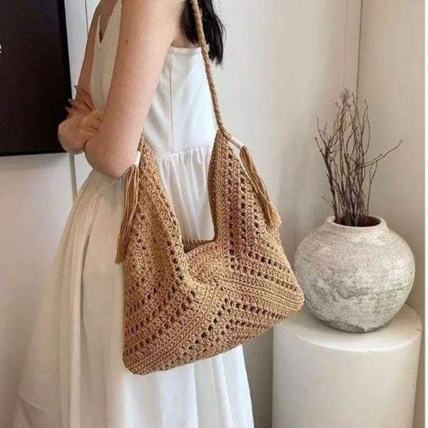 내추럴 조직 디테일 라지 사이즈 니트 숄더백 5FW