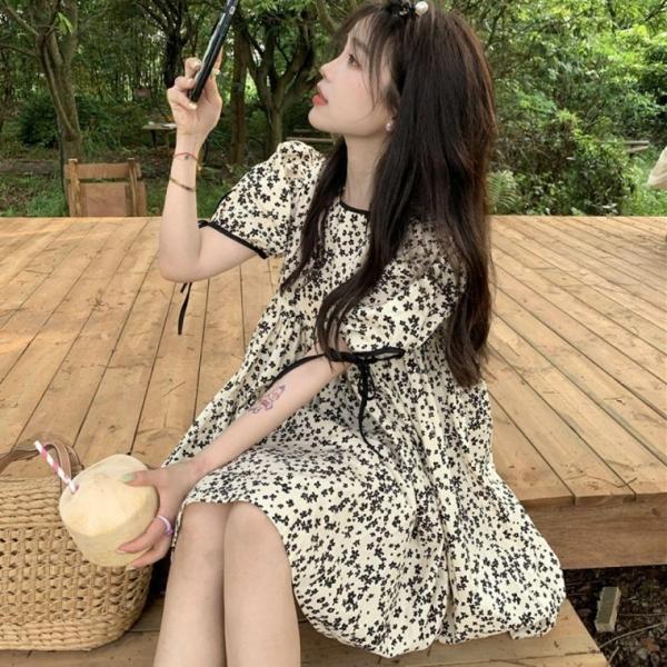 귀여운 여성 나들이 패션 플라워 패턴 미니 원피스 여자 니트 치마 여름 반팔 카라