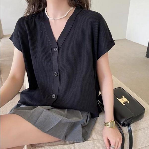 여성 봄 여름 가을 소매 반팔 니트 체형 커버 가디건 여자 브이넥 봄가디건 라운드