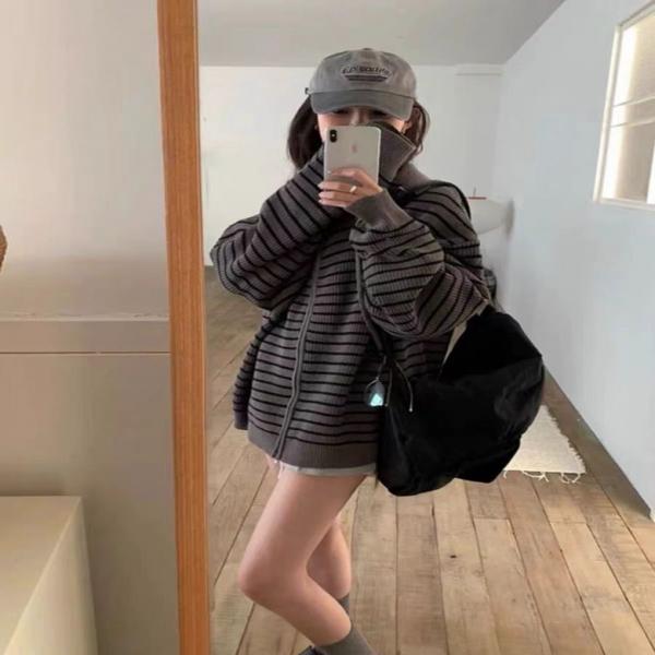 F53651 줄무늬  후드 집업  가디건 남녀공용 커플룩