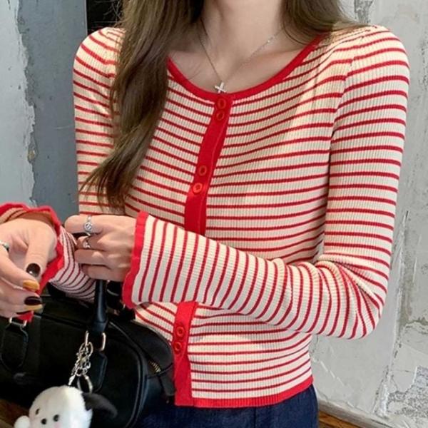 스트라이프 레드 롤업 가디건 NM-0041