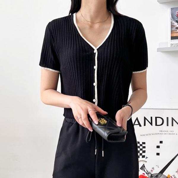 2L-CBB 1057 여자브이배색골지반팔가디건