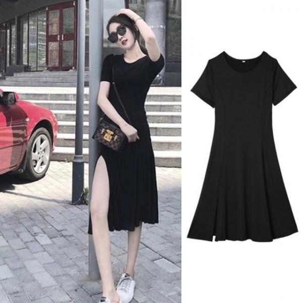 A라인 트임 원피스 라운드 블랙 반팔 이너 롱드레스