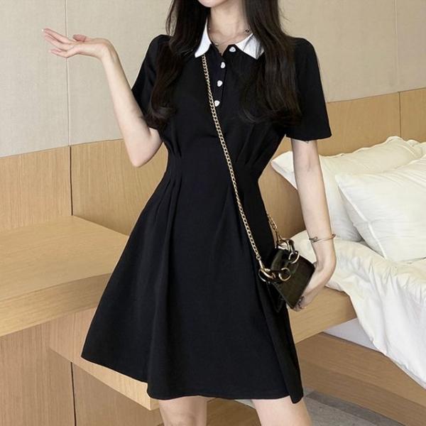 카라배색 하트단추 반팔 원피스 HH-D72