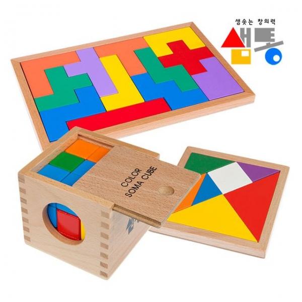 샘통 소마큐브+펜토미노+칠교 원목케이스3종