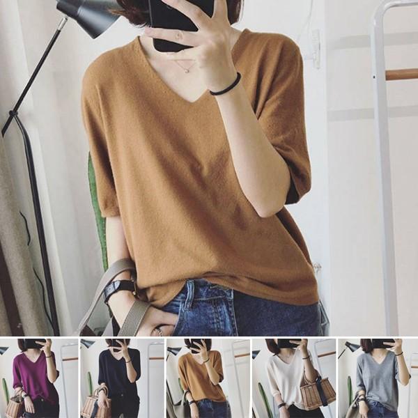 여성 여자 반팔티 반팔 티 티셔츠 브이넥 니트