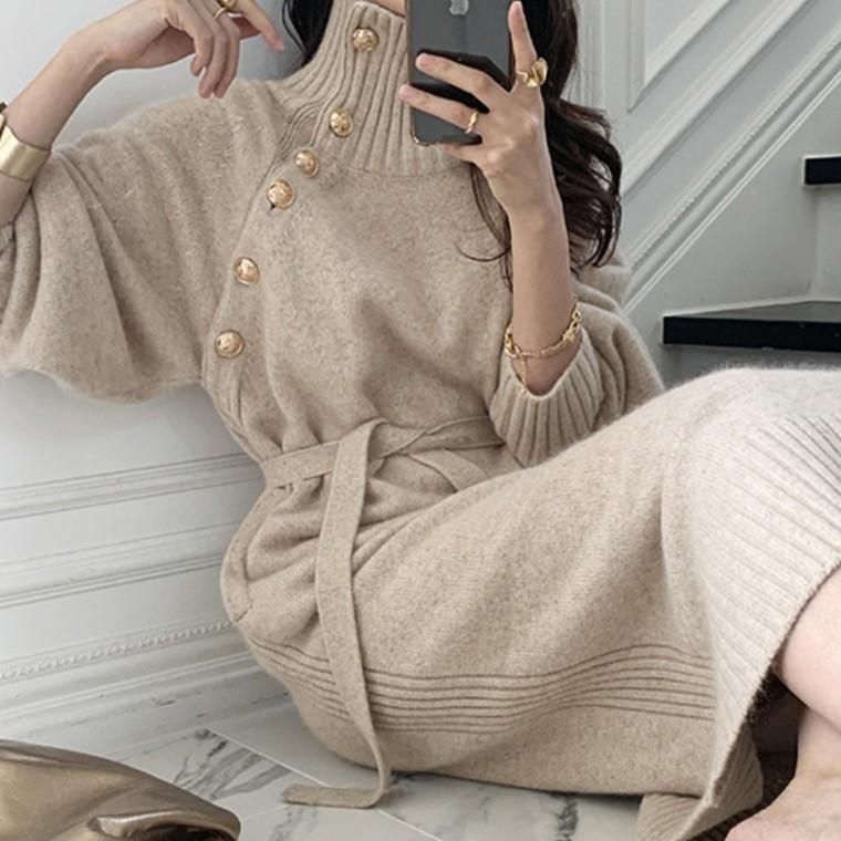 [위드기프트] 럭셔리 금장버튼 하이넥원피스