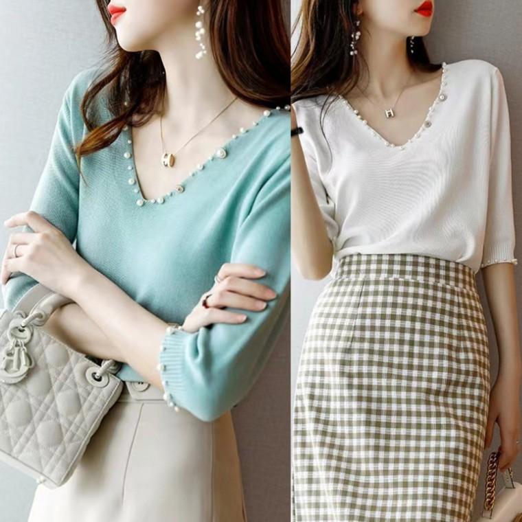 [위드기프트] 럭셔리 진주가득 브이넥니트